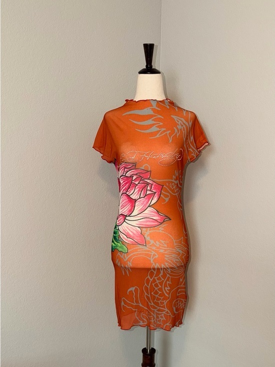 Ed Hardy Other - Ed Hardy Lotus Dragon Rhinestone Mesh Cover Up Mini Dress - Orange Combo